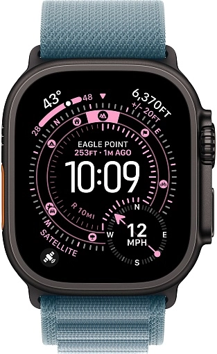 Apple Watch Ultra 3 49 мм, корпус из черного титана, ремешок Alpine нежно-голубого цвета, размер S